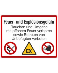 Brandschutzbeschilderung "Feuer- und Explosionsgefahr... mit Symbolen" nach StVO DIN 4066