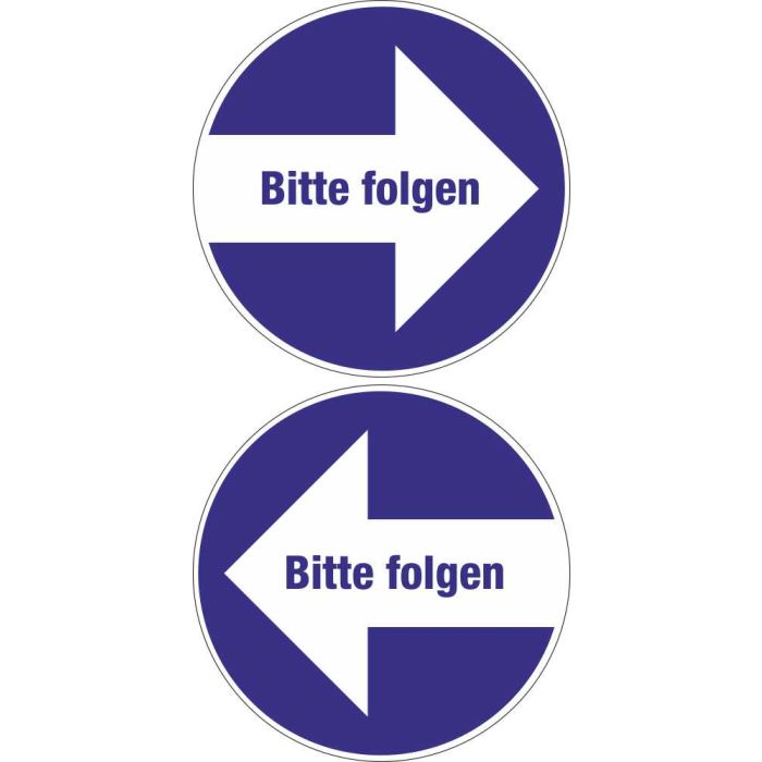 Bodenaufkleber Rund Bitte folgen! Schrift im Pfeil
