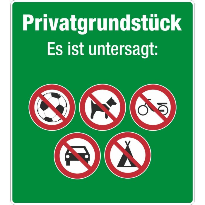 Grundstücksbeschilderung Privatgrundstück Es ist untersagt 5 Symbole
